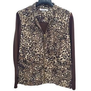 TanJay Animal Print Sweater Womens Large Cardigan Brown Full Zip Long Sleeve